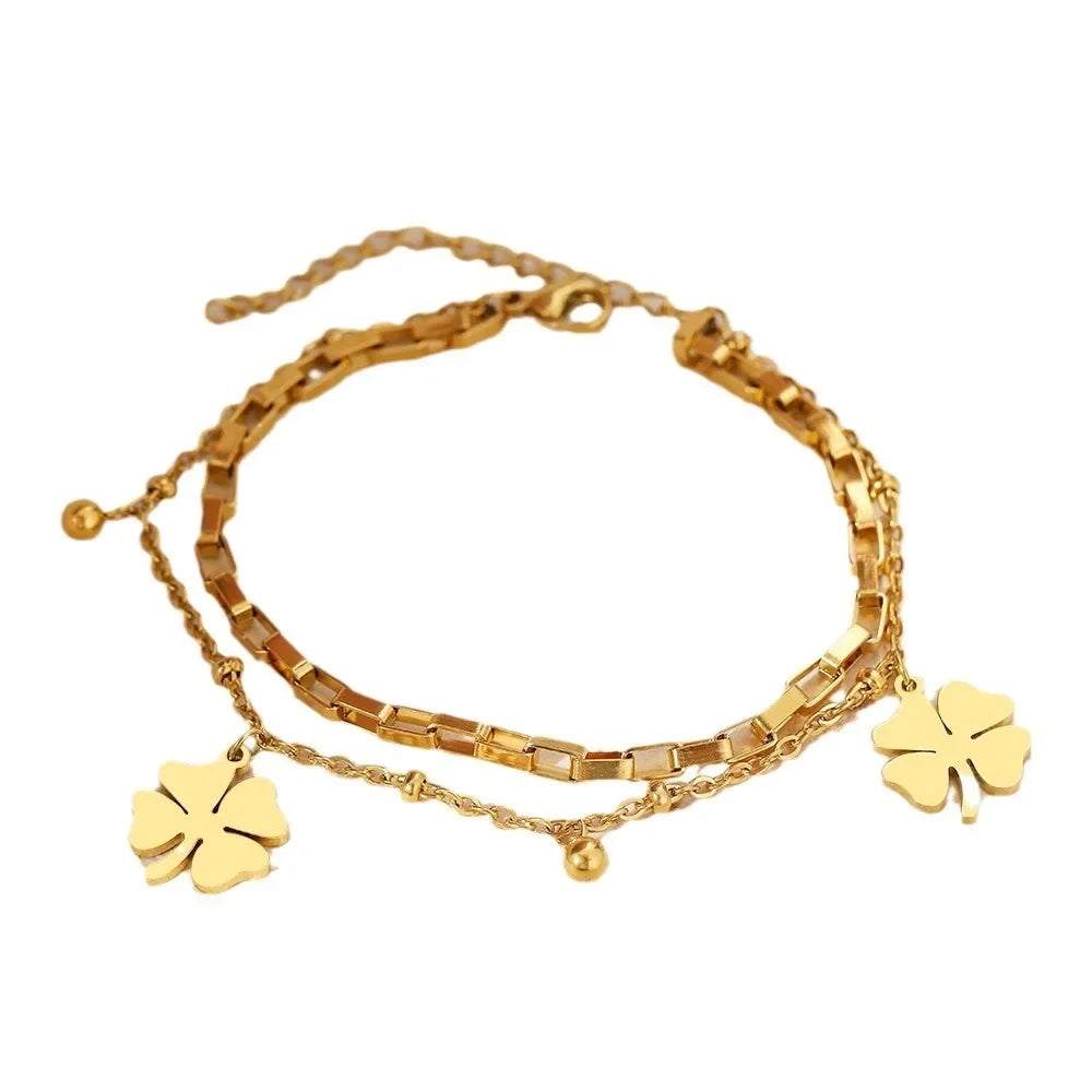 Bracelet double rang trèfle porte-bonheur – Acier inoxydable doré
