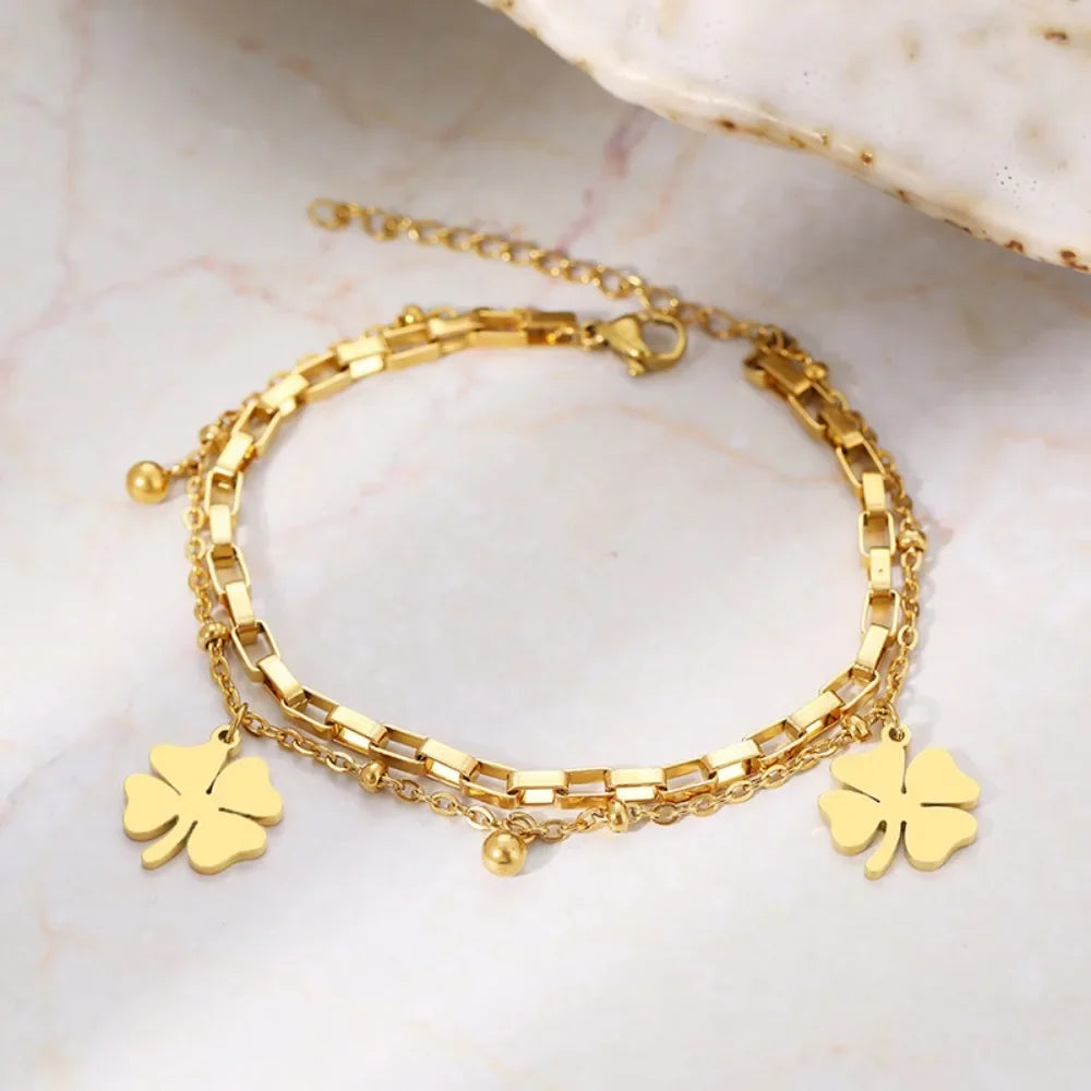 Bracelet double rang trèfle porte-bonheur – Acier inoxydable doré