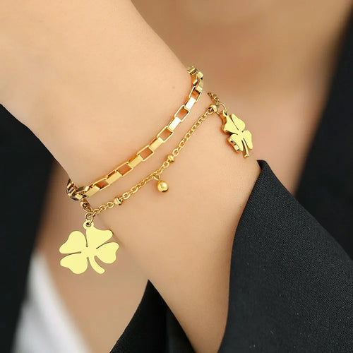 Bracelet double rang trèfle porte-bonheur – Acier inoxydable doré