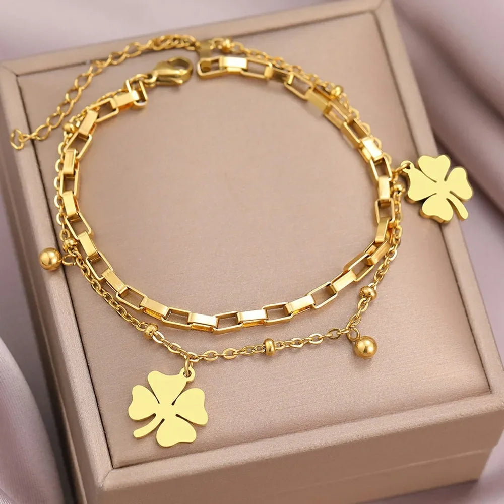 Bracelet double rang trèfle porte-bonheur – Acier inoxydable doré