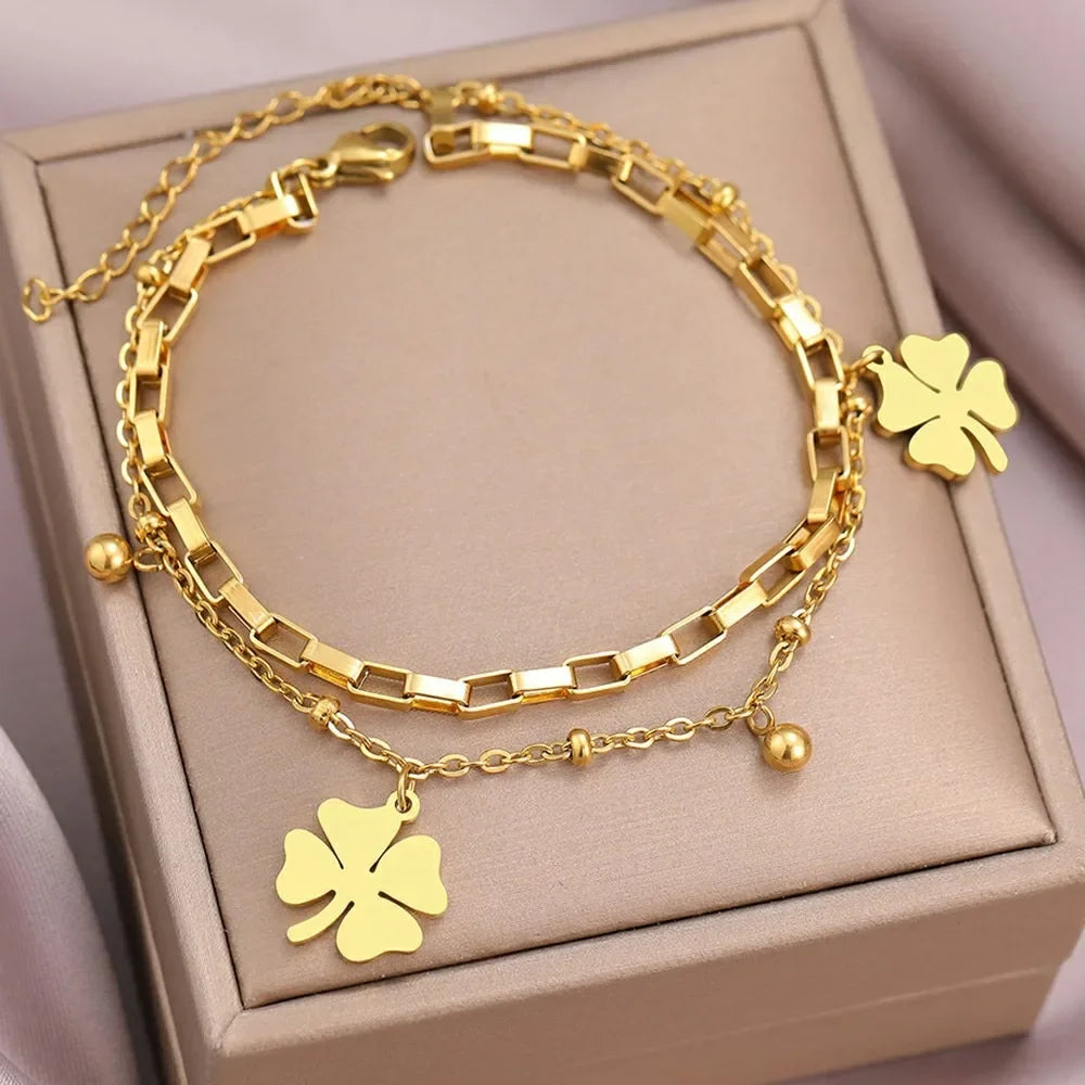 Bracelet double rang trèfle porte-bonheur – Acier inoxydable doré